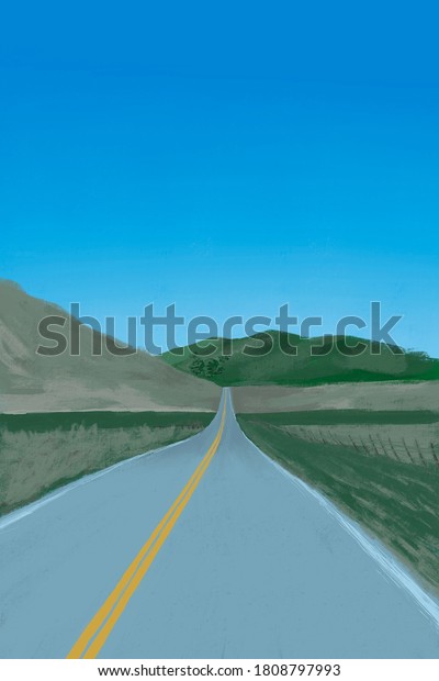 Long road leading to the mountains.\
Beautiful panoramic view with sky, road and\
mountains