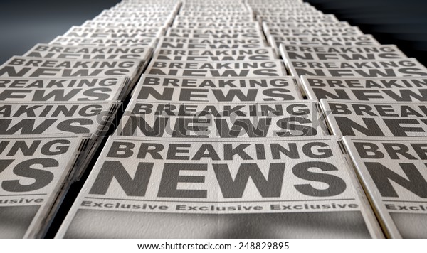 A long row of folded newspapers\
at the end of a press run with a generic headline that reads\
breaking news on the front page on an isolated white\
background