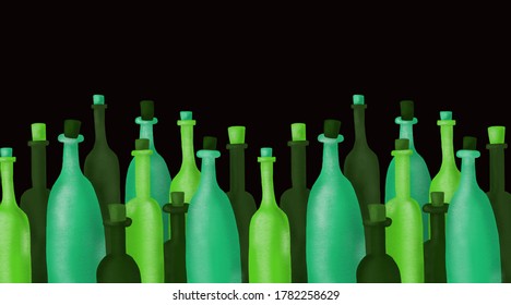 A long row of green bottles with corks on a black background. For the design of websites, banners, and menus. Hand drawing. - Powered by Shutterstock