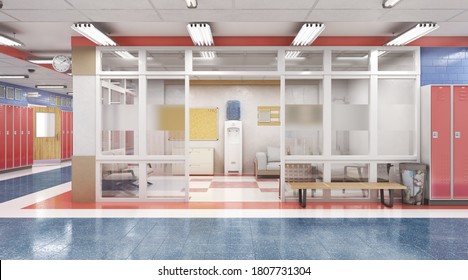 Long School Hall With Red Lockers , 3d Illustration