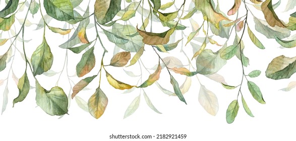 Long Seamless Banner With Autumn Colored Withered Leaves. Watercolor Hand Painted Botany Leaves. Banner Header For Designing Greeting Cards