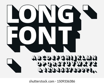 Long Shadow Font. Retro Boldness 3d Alphabet, Old Bold Type And Vintage Cool Typography Hipster Type Lettering. Text Font And Numbers, Alphabetical Abc Signs.  Illustration Symbols Set