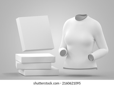 Long Sleeve T Shirt For Women And Stack Cardboard Boxes, Angle View. White Female Tee, Sweater, Sport Or Casual Apparel With Round Neck And Paper Packaging For Shopping And Delivery, 3d Render Mock Up