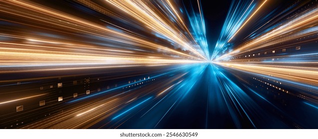 Long streaks of orange and blue light moving fast on night city street. Futuristic digital style on a black background. Speed and motion concept. 3d illustration - Powered by Shutterstock