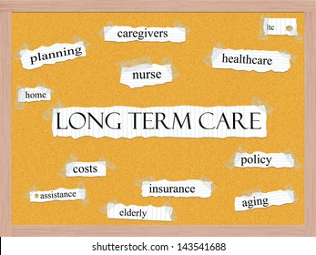 Long Term Care Corkboard Word Concept With Great Terms Such As Caregivers, Policy, Insurance, Elderly And More.