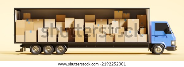 Long\
transportation truck with different cardboard boxes, side view.\
Concept of relocation and logistics. 3D\
rendering