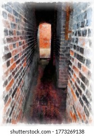 Long tunnel to exit stone mine  watercolor drawing