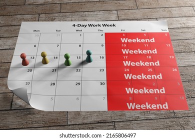 A Long Weekend Calendar To Illustrate The Concept Of Four-day Work Week Introduced By The UK And European Companies. 3D Rendering