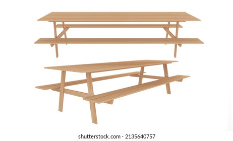 Long Wooden Table And Chair On White Background,side View,3d Rendering