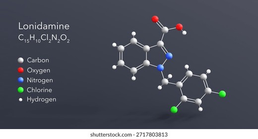 lonidamine molecule 3d rendering, flat molecular structure with chemical formula and atoms color coding