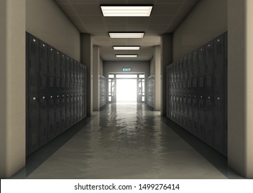 A Look Down A Dimly Lit Hallway Of School Lockers Towards An Open Entrance Or Exit Door - 3D Render