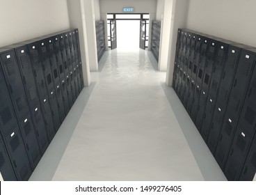 A Look Down A Well Lit Hallway Of School Lockers Towards An Open Entrance Or Exit Door - 3D Render