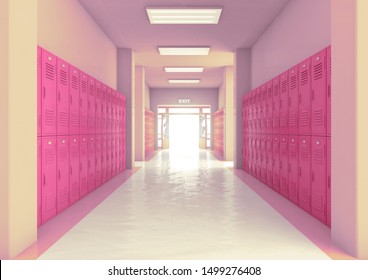 A Look Down A Well Lit Hallway Of Bright Pink School Lockers Towards An Open Entrance Or Exit Door - 3D Render