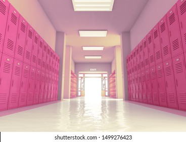 A Look Down A Well Lit Hallway Of Bright Pink School Lockers Towards An Open Entrance Or Exit Door - 3D Render