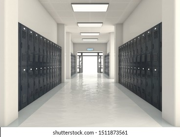 A Look Down A Well Lit Hallway Of School Lockers Towards An Open Entrance Or Exit Door - 3D Render