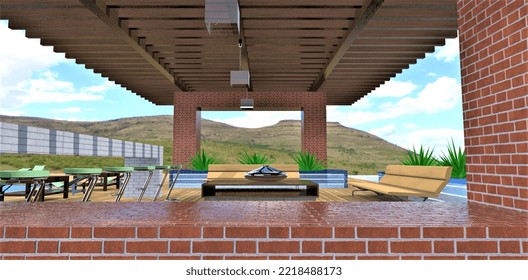 A Look Inside The Comfortable Outdoor Patio. Red Brick Pillars. Bar Counter And Chairs. Cushioned Furniture. Wonderful Rotten Landscape. 3d Rendering.