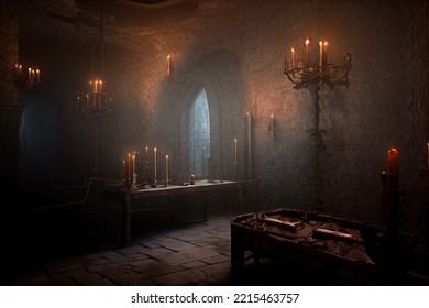 A Look Inside The Terrifying Transylvanian Vampire Horror Dungeon, Where Frightened Victims Are Subjected To Agonizing Inquisition Procedures. 3D Illustration And Halloween Themes.