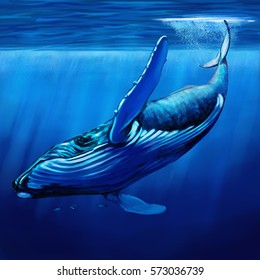Looking up at a blue whale, surrounded by bonito fish, diving just below the surface of the water.