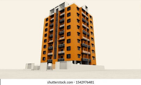 Looking At The Bright High Rise Residential Building And White Fence 3D Layout. Stock Footage. Beautiful Animation Of Modern Multi Storey House, Technology Concept.