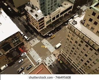 Looking down on the streets of Manhattan from a tall skyscraper. Bird's eye view of New York, busy intersection with yellow taxi cabs. Looking down on 5th Avenue, illustration from photo.
