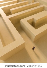Looking down onto a person in shadow about to start a path through a maze concept 3d render