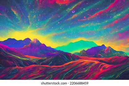 I am looking at a dreamy psychedelic space landscape. There are swirls of purple and pink, and glittering stars. The scene is peaceful and calming.