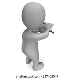 Looking Magnifier Document Character Showing Investigation Scrutinize And Scrutiny