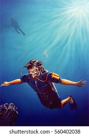 Looking Up From The Ocean Floor At Cuba Divers Under Water.
