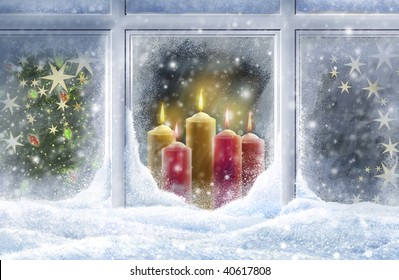 Looking Through Snowy Window Candles Stock Illustration 40617808 ...