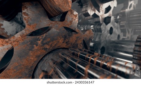 loop Old rust cogwheel Gears and bearings are spinning. Technological process, heavy industry. Factory Mechanisms. 3D Illustration