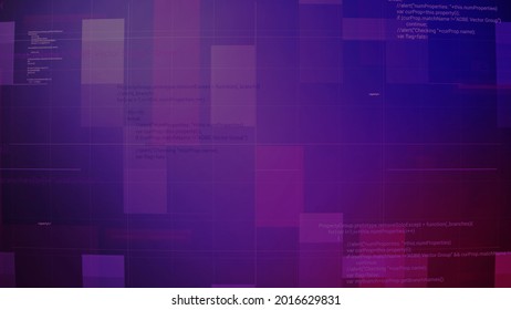 Looped dynamic background with program codes. Motion. Lot of program codes are written in small print on background of squares. Dynamic squares moving on background with program codes