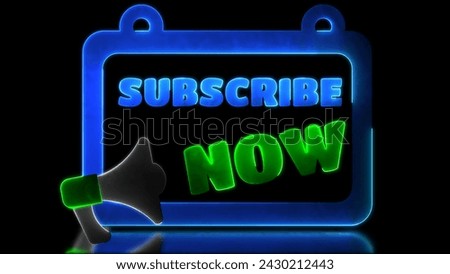 Looping neon glow effect subscribe now icons, black background.