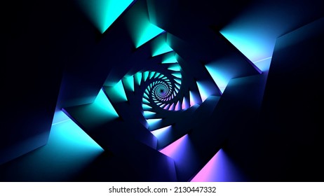 Looping symmetrical abstract motion of triangles on a black background. Design. Colorful spiral creating a tunnel effect, seamless loop.