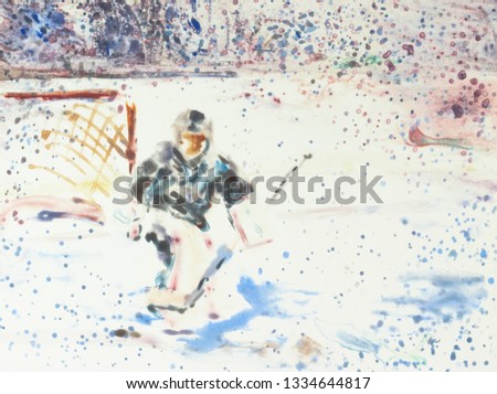 Loose monotype watercolor illustration of youth hockey goalie blocking puck in ice rink