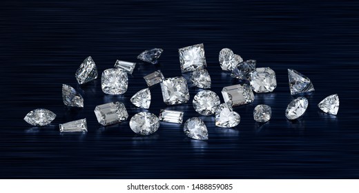 Loose Variously Cut Diamonds On Black Glossy Background. 3D Illustration