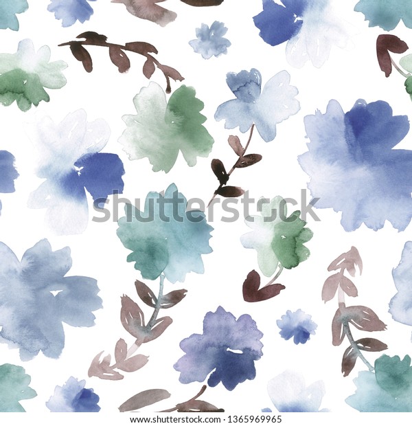 Loose Watercolor Flowers Blue Green Seamless Stock Illustration 1365969965