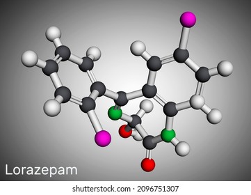 Lorazepam, molecule. It is benzodiazepine with sedative and anxiolytic properties, used to treat panic disorders, severe anxiety, seizures. Molecular model. 3D rendering. Illustration