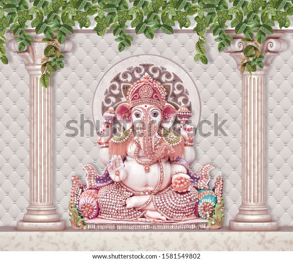 Lord Ganesha colorful rendering wallpaper, background rendering, 3D illustration, wall decor poster.