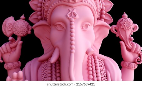 Lord Ganesha face close up on black background wallpaper, God Ganesha poster design for wallpaper 3d illustration.