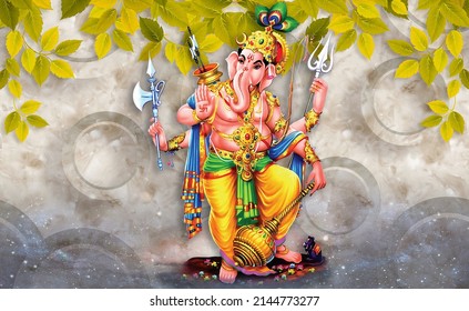 Lord ganesha ji and green leaf, galaxy with marble texture background