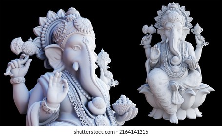 Lord Ganesha White statue on black background, God Ganesha 3d illustration.