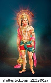 Lord Hanuman Indian God  blue background .