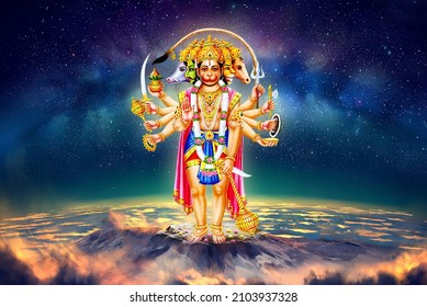 Lord hanuman ji on parvat stand virat panchmukhi hamuman ji glaxy background