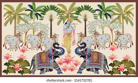 lord krishna with cow and elephant 