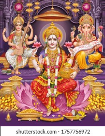 Lord Laxmi, Lord Ganesha, Lord Saraswati With Colorful Background Wallpaper , Diwali Pooja Poster Design For Wallpaper