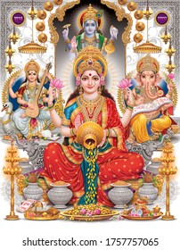Lord Laxmi, Lord Ganesha, Lord Saraswati with colorful background wallpaper , Diwali Pooja poster design for wallpaper