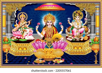 Lord Laxmi, Lord Ganesha, Lord Saraswati With Colorful Background Wallpaper , Diwali Pooja Poster Design For Wallpaper
