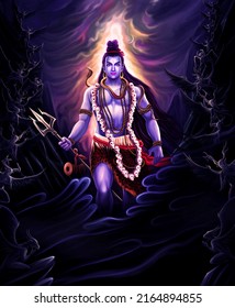 Lord Shiva (Hindu God) appearing from Himalaya mountain in dark night