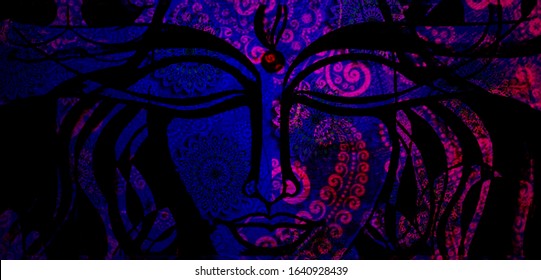 Lord Shiva mandala colorful vintage art, ancient Indian vedic background design, old painting texture with multiple mathematical shapes, floral design with face of god in a purple background