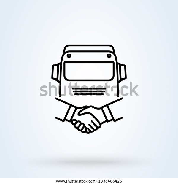 Lorry and\
handshake on a truck line icon or logo. Negotiable Delivery \
concept. Truck parking linear\
illustration.